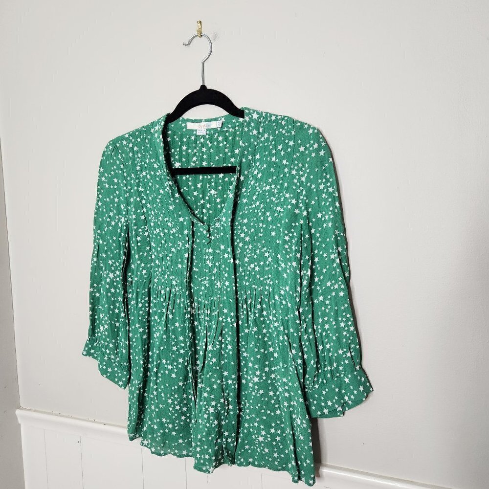 BODEN Green White Stars Print Bow Tie Babydoll Style Blouse